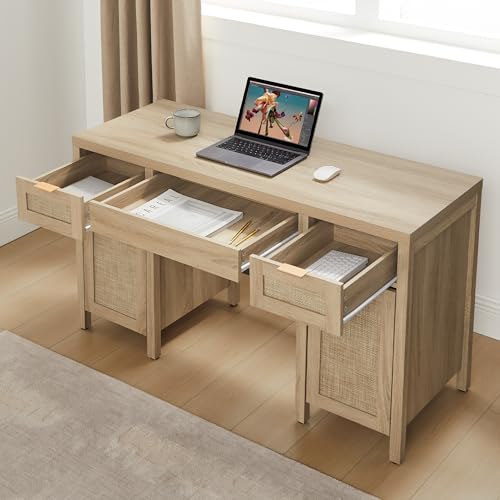 Rattan Home Office Desk with Storage, 52" Boho Executive Desk