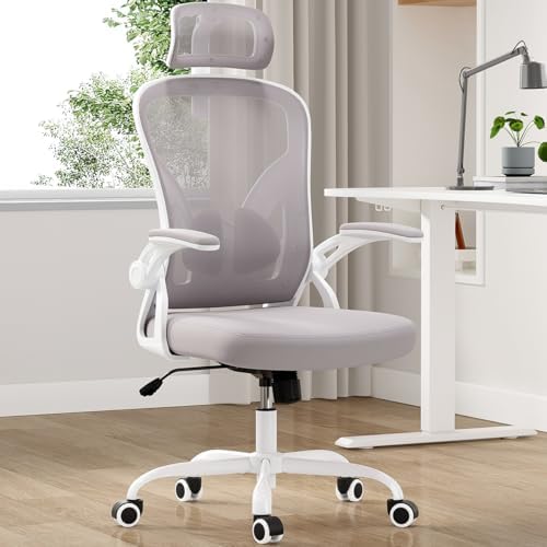 Mesh Office Chair with Headrest, Flip-Up Armrests, 350lb Capacity, Gray