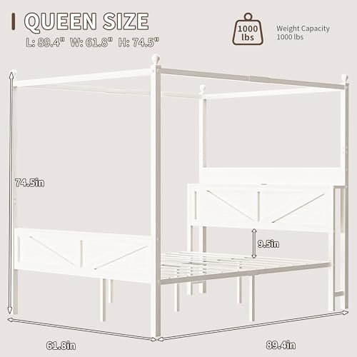 Queen Size Canopy Bed Frame with Barn Door Storage Headboard, Beige