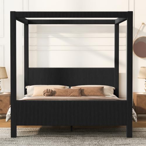 Queen Size Upholstered Canopy Bed with Padded Headboard & Footboard, Black