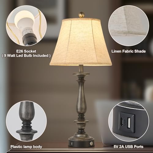 AIDENOEY 28.5" Traditional Table Lamp Set of 2, Rustic Farmhouse Table Lamps for Living Room Bedroom, Bedside Desk Lamps Vintage Nightstand Lamps with Silk Fabric Shades, Antique Silver Table Lamp