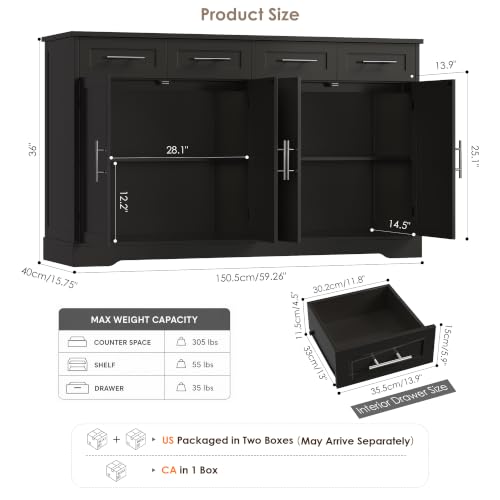 60" W Sideboard Buffet Cabinet with Storage, Kitchen Cabinet, Black