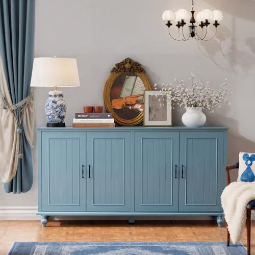 Sideboard Buffet Cabinet with 4 Doors, Vintage Coffee Bar Station, Blue