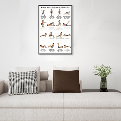 No Equipment Home Workout Poster, 16 Illustrated Full-Body Bodyweight Training Chart with Rep & Timing Guides, Beginner Friendly Full Physique Fitness Reference for Indoor Daily Cardio & Strength Building Routine(12x18inchs，Unframed)