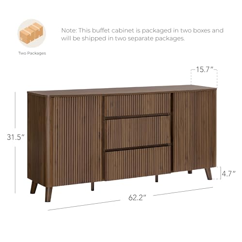 CHITA 62" Fluted Sideboard Buffet Cabinet with 3 Drawers, Walnut
