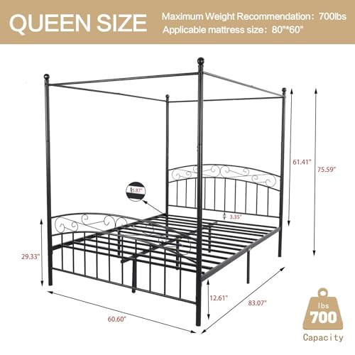 Metal Canopy Bed Frame Queen Size with Headboard & Footboard
