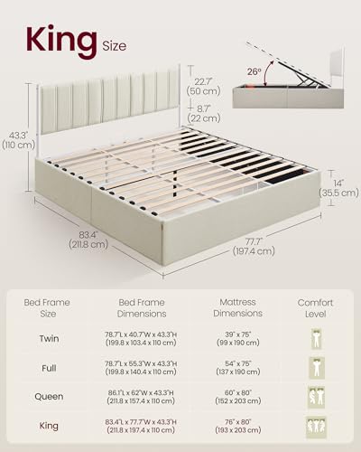 VASAGLE Lift Up Storage Bed Frame, King Size, Upholstered Headboard