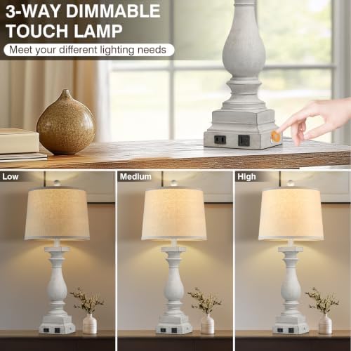 28" Tall Farmhouse Table Lamps Set of 2 with USB C+A Ports and AC Outlet, 3 Way Touch Control Rustic Bedside Lamp for Bedroom, White Vintage Nightstand Lamp for Living Room Office