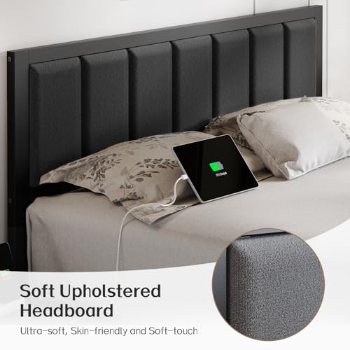 Queen Bed Frame with Headboard, Smart LED & Charging Station