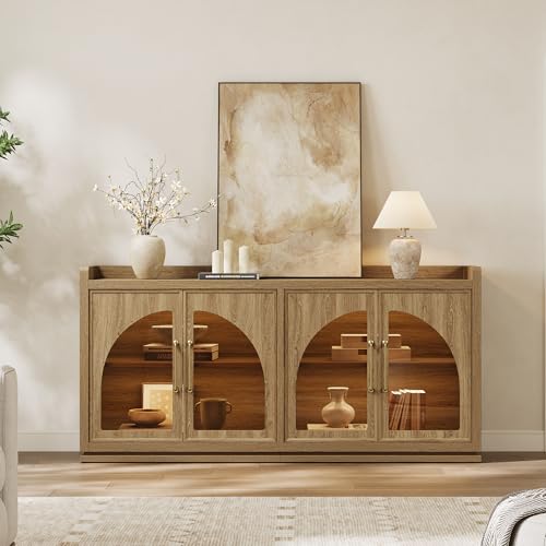Sideboard Buffet Cabinet with Storage, LED Lights, Arch Glass Doors
