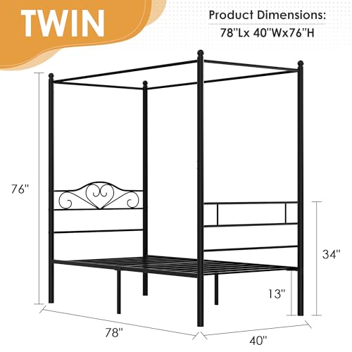 Twin Canopy Bed Frame, Heart-Shaped Headboard, Black