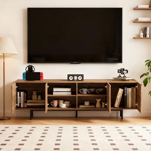 71" Mid-Century TV Stand 4 Cabinets Walnut Media Console