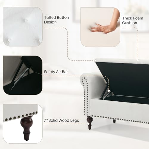 Velvet Chaise Lounge with Storage & Left Armrest, White
