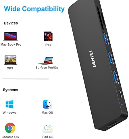 BENFEI 7-in-1 USB C Hub, USB-C Multiport Adapter with USB Type-C to HDMI, USB-C to SD TF Card Reader/3 USB 3.0/60W Power Delivery with iPhone 15 Pro/Max MacBook Pro/Air 2023, iPad
