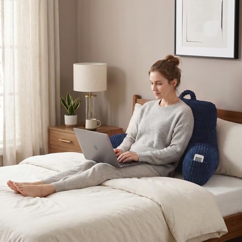 Large Reading Pillow for Sitting Up with Arms,Blue Corduroy