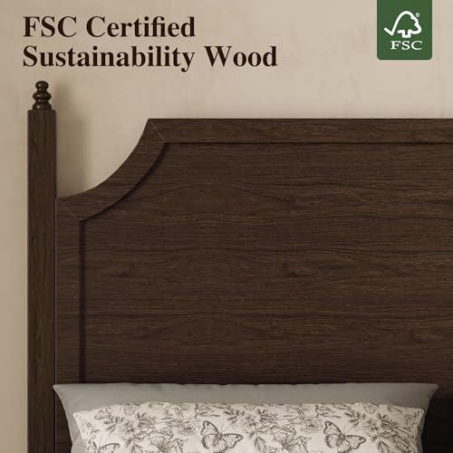 Wood Queen Size Bed Frame with Vintage Curved Headboard, Walnut
