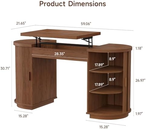 ONBRILL 59 Inches Office Desk with Lift Top, Fluted Executive Desk Walnut