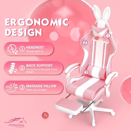 Ferghana Kawaii Pink Gaming Chair with Bunny Ears, Ergonomic Cute Gamer Chair with Footrest and Massage, Racing Reclining Leather Office Computer Game Chair 250lbs for Girls Adults Teens Kids