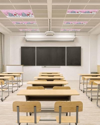 Pink Christmas Magnetic Fluorescent Light Covers for Ceiling Lights 2 x 4 Feet,Snowflakes Retro Snowy Xmas Tree Bear Office Classroom Kitchen Drop Ceiling Light Covers Filters Shade Panel 3 Packs
