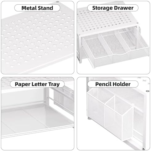Marbrasse Metal Printer Stand for Desk with Storage Drawer and 2 Pen Holders, 2-Tier Desktop Organizer Printer Table for Home Office, Multi-Purpose Desk Organizer for Fax Machine Scanner Files(White)