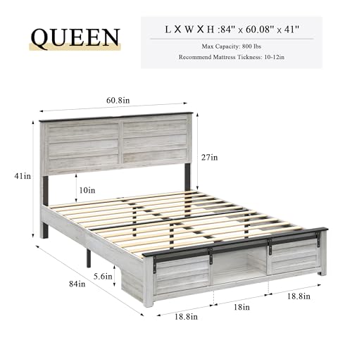 Queen Size Wooden Bed Frame with Headboard and Storage Footboard