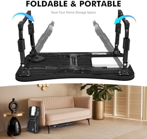Lap Desk for Bed Adjustable Height, Foldable Bed Table with Storage Drawer, Tablet Slot & Cup Holder, Portable Laptop Stand for Bed & Sofa, Bed Desk for Adults & Kids, Black