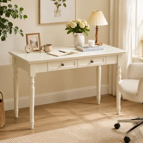 47 Inch Solid Wood Computer Writing Desk with Drawers, White