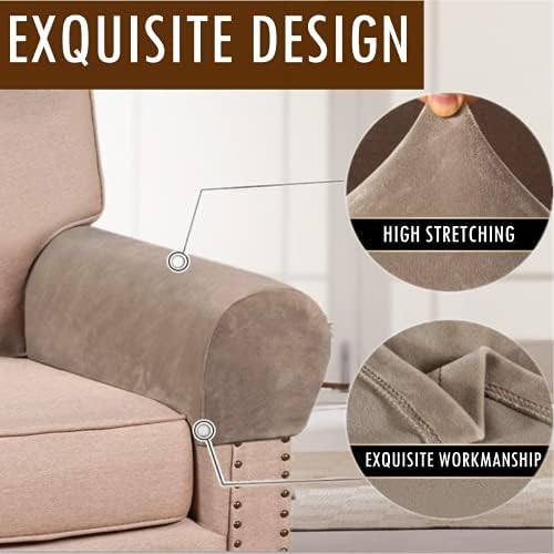 2 Pack Velvet Stretch Armrest Covers - Non Slip Sofa Chair Covers, Soft Elastic Arm Protectors for Living Room Couch, Office Chair, Recliner (Taupe)