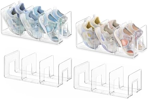 HBlife Widened 4.17 Inch Clear Acrylic Kids Shoe Rack for Closet Organizers and Storage, Small Shoe Rack 3 Sections Toddler Baby Shoe Storage Organizer Shelf, Desk File Book Purse Organizer(4 Pack)