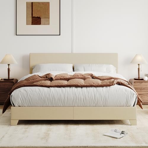 Queen Size Upholstered Bed Frame Adjustable Headboard, Beige