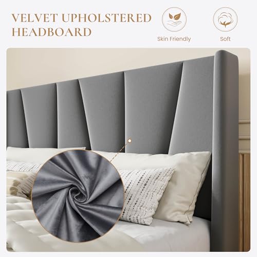 Queen Size Upholstered Platform Bed Frame with Headboard, Grey