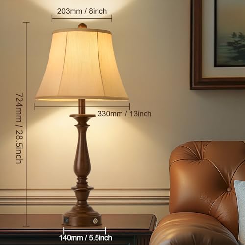 AIDENOEY 28.5" Traditional Table Lamp Set of 2, Rustic Farmhouse Table Lamps for Living Room Bedroom, Bedside Desk Lamps Vintage Nightstand Lamps with Silk Fabric Shades, Antique Walnut