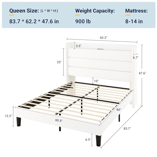 Queen Size Upholstered Bed Frame with Charging Station, White