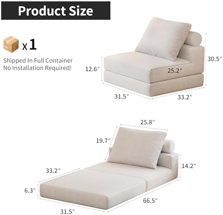 Folding Sofa Bed, Convertible Sleeper Chair with Memory Foam,Pillow and Back Support, Folding Floor Sofa for Living Room, Guest Room or Home Office