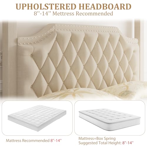 Upholstered Canopy Bed Queen Size with Button Tufted headboard