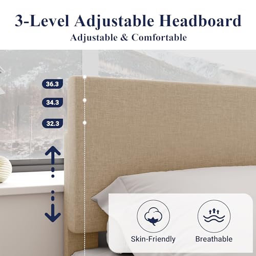 King Size Upholstered Bed Frame Adjustable Headboard, Beige