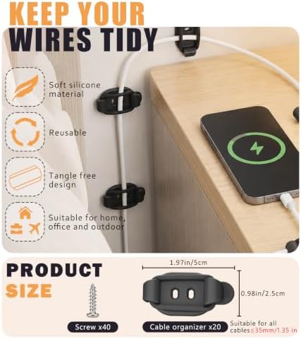 30 Pack Cable Management Clips, Adhesive Cord Holder Organizer