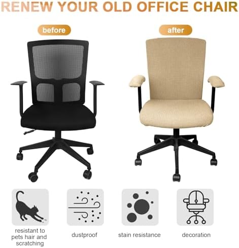Tallew Office Chair Covers Set Computer Universal Protective Stretchable Chair Seat Covers Desk Armrest Slipcovers Pads Office Cushion Backrest for Rotating(Camel)