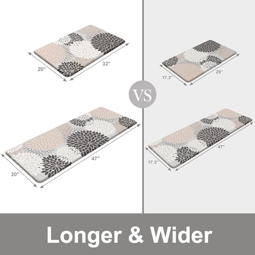 KIMODE Anti Fatigue Kitchen Mats for Floor, Boho Floral Kitchen Rugs Sets of 2, Non Slip Waterproof Kitchen Floor Mats, Memory Foam Kitchen Mat for Sink, Laundry, Office, Desk Pink 20"x47"+20"x32"