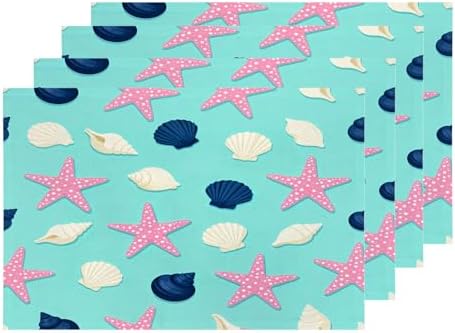 Shrahala Coastal Nautical Set Of 4 12 X 18 Inch Linen Placemats , Repeat Pattern Seashells Red Burlap Table Mat Washable Double Layered Heat Insulation For Indoor/Outdoor