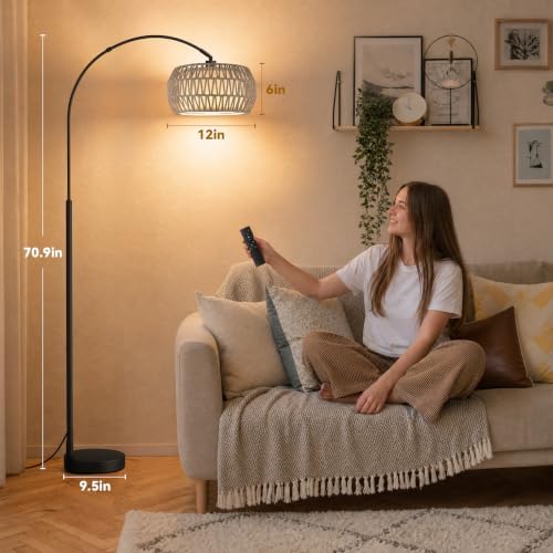 Ambimall Boho Arc Floor Lamp, Color Temp and Brightness Adjustable, Grey