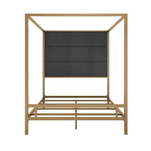 Queen Size Canopy Bed with Upholstered Headboard and Storage,Gold+Dark Grey