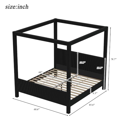 Queen Size Upholstered Canopy Bed with Padded Headboard & Footboard, Black