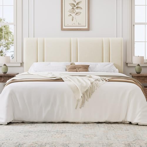California King Size Bed Frame with Adjustable Headboard, Cream
