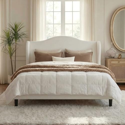 Queen Size Bed Frame, Plush Velvet Wingback, Modern Style, White