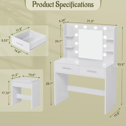 Vanity Desk with Mirror, Makeup Table, Matte White