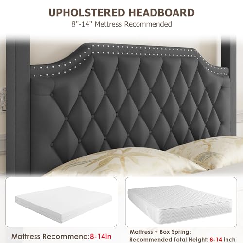 Upholstered Canopy Bed Queen Size with Button Tufted headboard