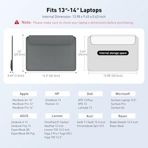 AboveTEK Laptop Sleeve Case for 13-14 inch MacBook Air/Pro, Slim Laptop Case with Stand, Ergonomic Wrist Rest & Mouse Pad, Waterproof Anti-Scratch Leather Bag for 13-14 Surface HP, Grey