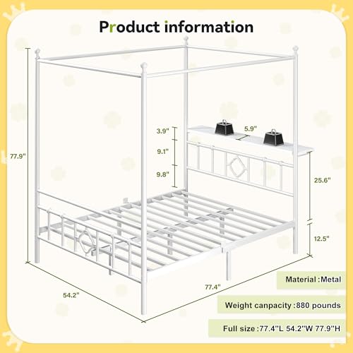 Full Canopy Bed Frame with Storage Headboard,Noise-Free,White