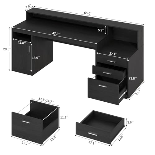 65" Black Computer Desk with 3 Drawers & Printer Shelf for Home Office